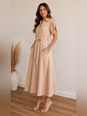 NWT DKNY Beige Tie Waist Shirt Dress Midi Button Front
